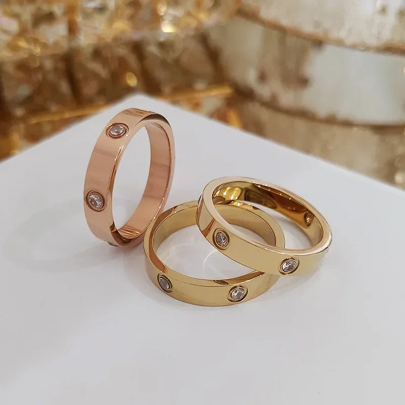 2024 Trendy Stainless Steel Rose Gold Color Love Ring for Women Men Couple Crystal Rings Luxury Brand Jewelry Wedding Ring Gift